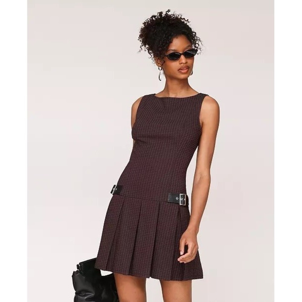 NWT Avec Les Filles Mini Dress Womens Brown Houndstooth Buckle Pleated 2 $129